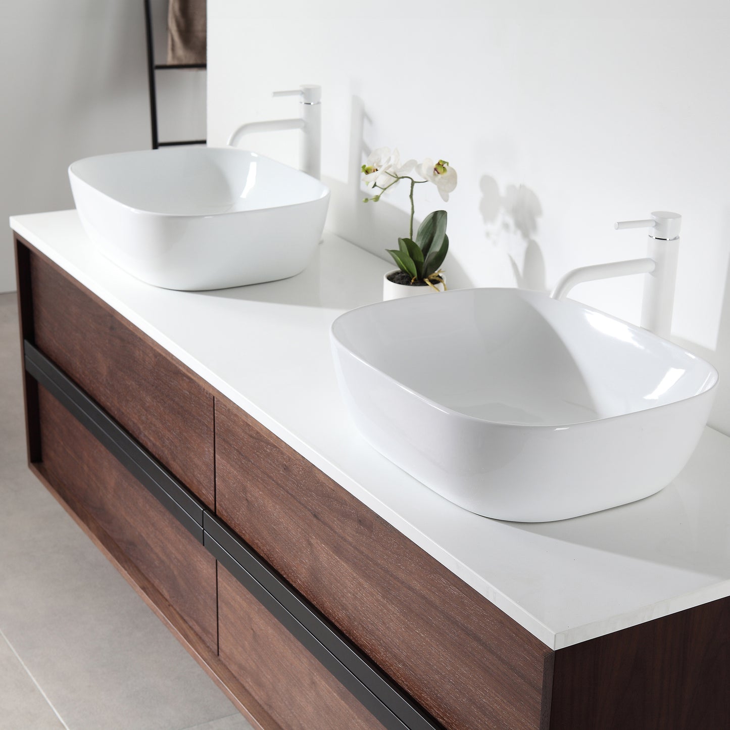 Sintra 72" Wall Mounted Bathroom Vanity with Pure White Quartz Top and Ceramic Vessel Sinks