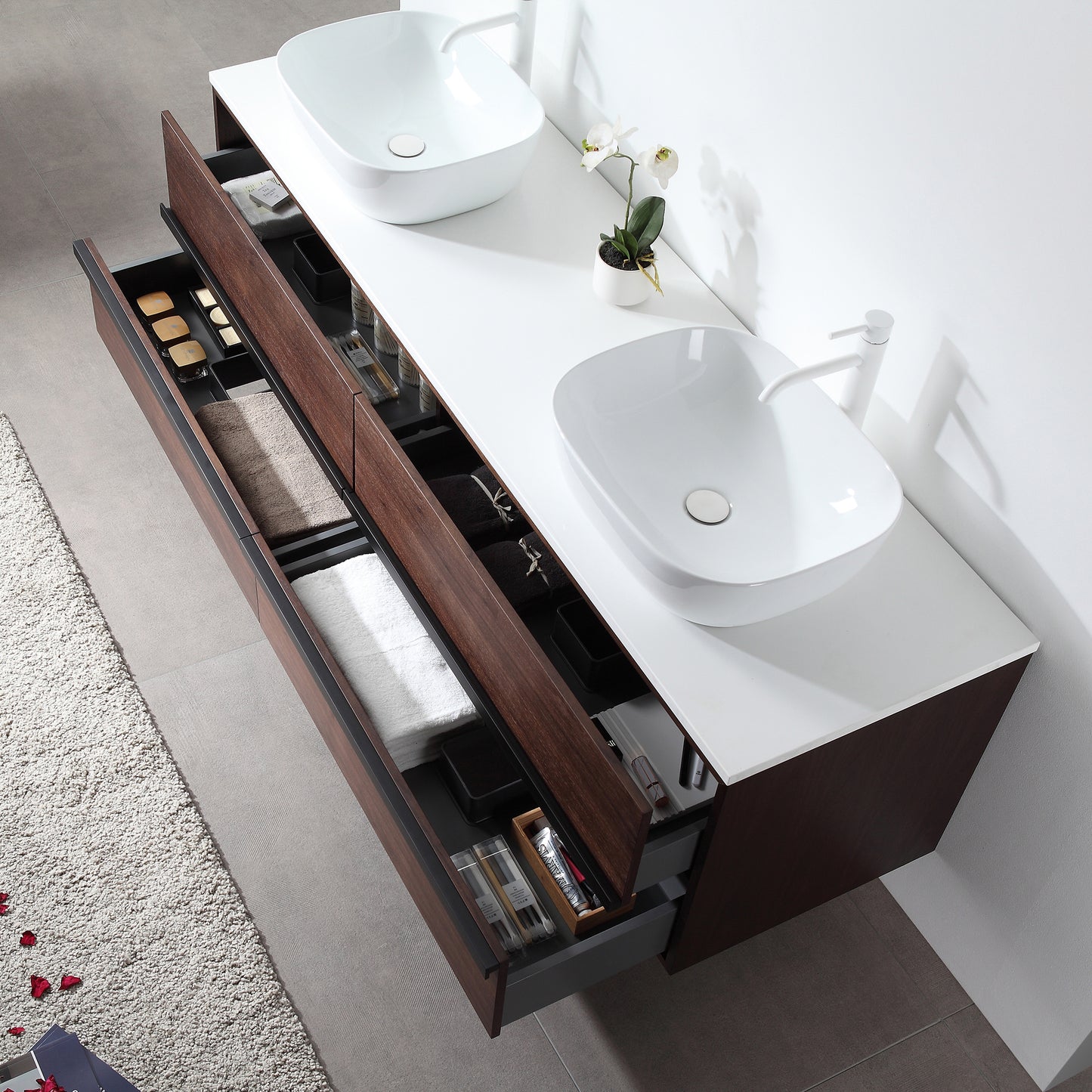 Sintra 72" Wall Mounted Bathroom Vanity with Pure White Quartz Top and Ceramic Vessel Sinks