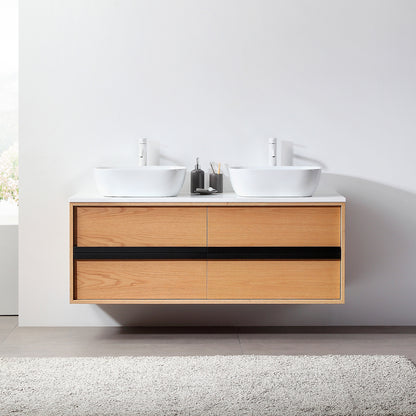 Sintra 55" Wall Mounted Bathroom Vanity with Pure White Quartz Top and Ceramic Vessel Sinks