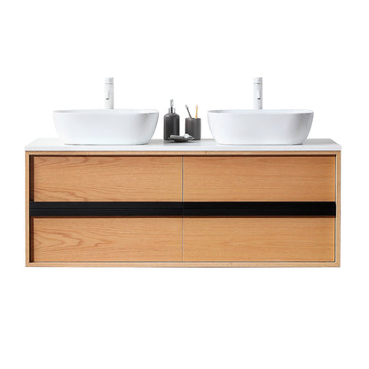 Sintra 55" Wall Mounted Bathroom Vanity with Pure White Quartz Top and Ceramic Vessel Sinks