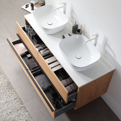 Sintra 55" Wall Mounted Bathroom Vanity with Pure White Quartz Top and Ceramic Vessel Sinks