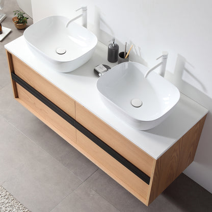 Sintra 55" Wall Mounted Bathroom Vanity with Pure White Quartz Top and Ceramic Vessel Sinks