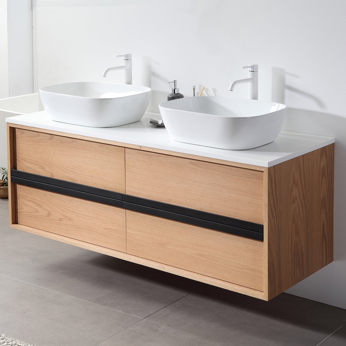 Sintra 55" Wall Mounted Bathroom Vanity with Pure White Quartz Top and Ceramic Vessel Sinks