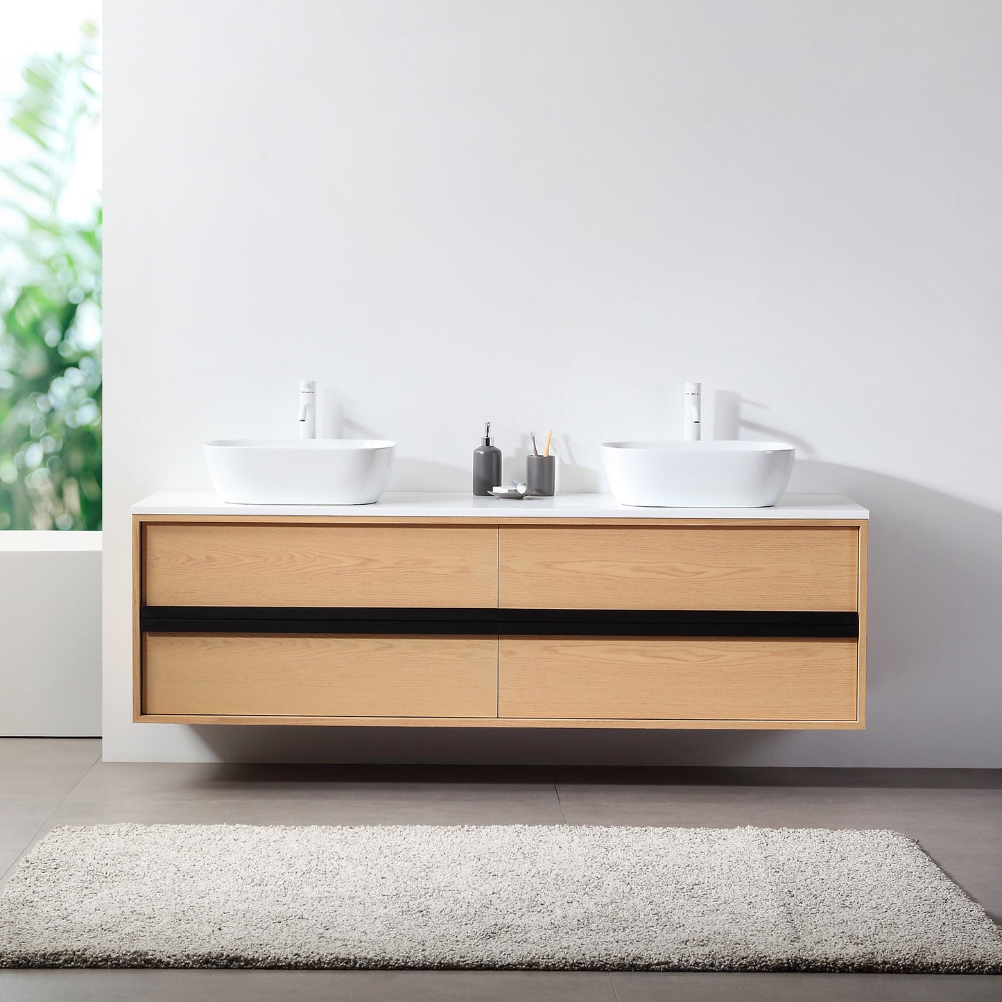 Sintra 72" Wall Mounted Bathroom Vanity with Pure White Quartz Top and Ceramic Vessel Sinks