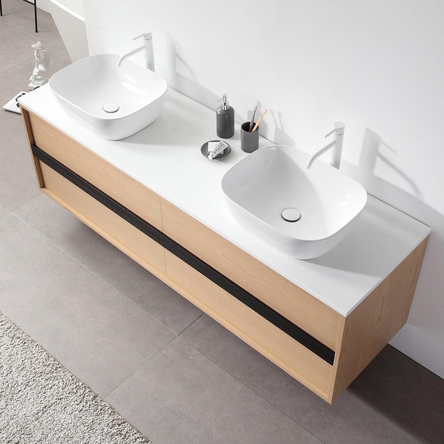 Sintra 72" Wall Mounted Bathroom Vanity with Pure White Quartz Top and Ceramic Vessel Sinks