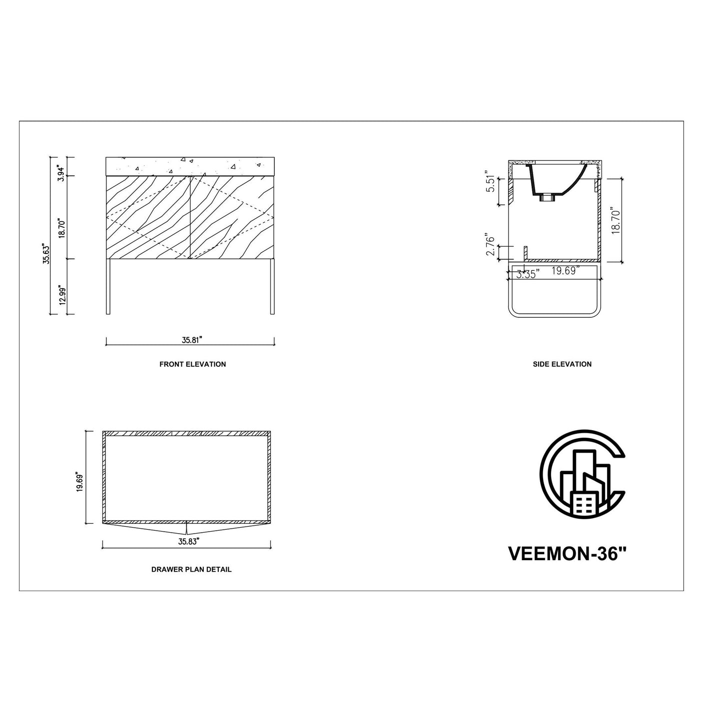 Veemon 36" Freestanding Bathroom Vanity with Pure White Quartz Top and Ceramic Undermount Sink