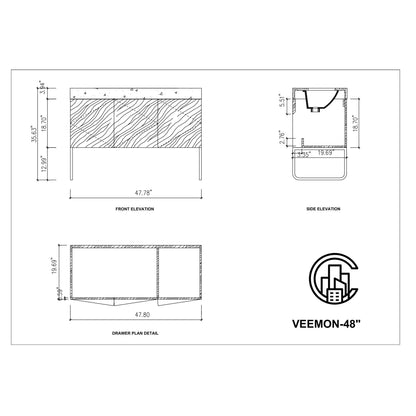 Veemon 48" Freestanding Bathroom Vanity with Pure White Quartz Top and Ceramic Undermount Sink