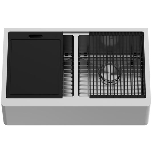 Oxford Flat 33" Stainless Steel Apron / Farmhouse Double Basin Kitchen Sink with Workstation