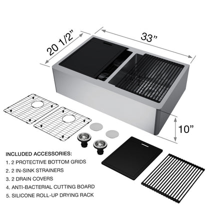 Oxford Flat 33" Stainless Steel Apron / Farmhouse Double Basin Kitchen Sink with Workstation