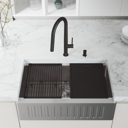 Oxford Fluted 33" Stainless Steel Apron / Farmhouse Kitchen Sink with Workstation