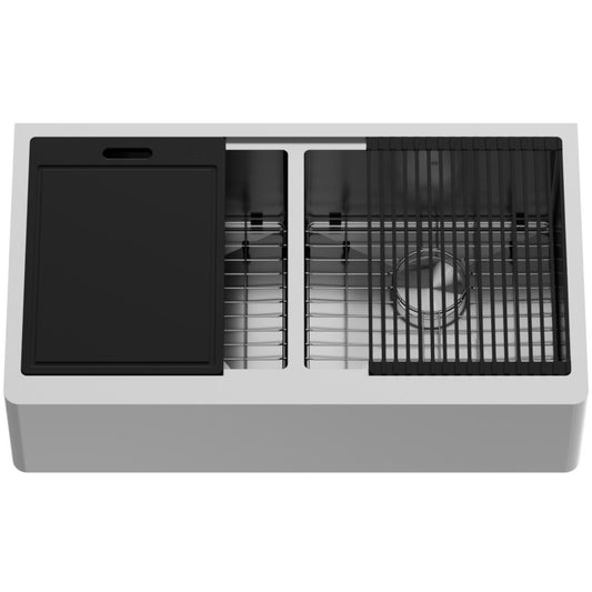 Oxford Flat 36" Stainless Steel Apron / Farmhouse Double Basin Kitchen Sink with Workstation