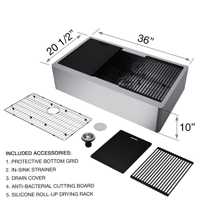 Oxford Flat 36" Stainless Steel Apron / Farmhouse Kitchen Sink with Workstation