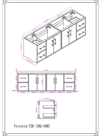 Victoria 72" Wall Mounted Bathroom Vanity with Acrylic Integrated Sink Top