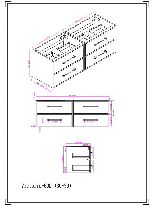 Victoria Drawers 60" Wall Mounted Bathroom Vanity with Acrylic Integrated Sink Top