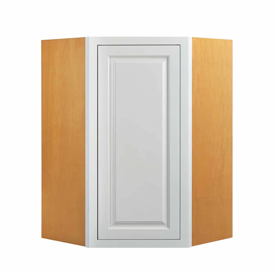 RTA 27"W x 39"H Kitchen Wall Diagonal Corner Cabinet with Single Door and Two Shelves in Vintage White Inset Raised Panel