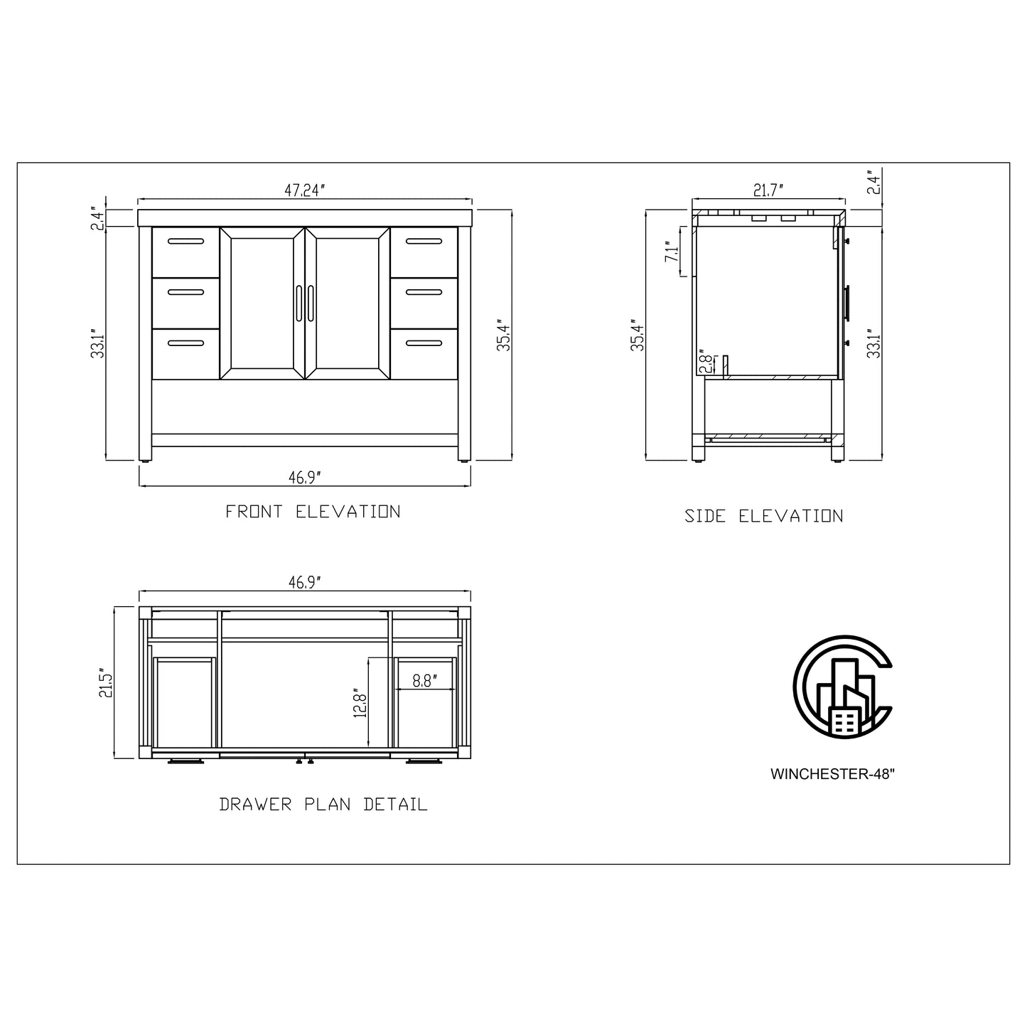 Winchester 48" Freestanding Bathroom Vanity with Quartz Top and Ceramic Undermount Sink