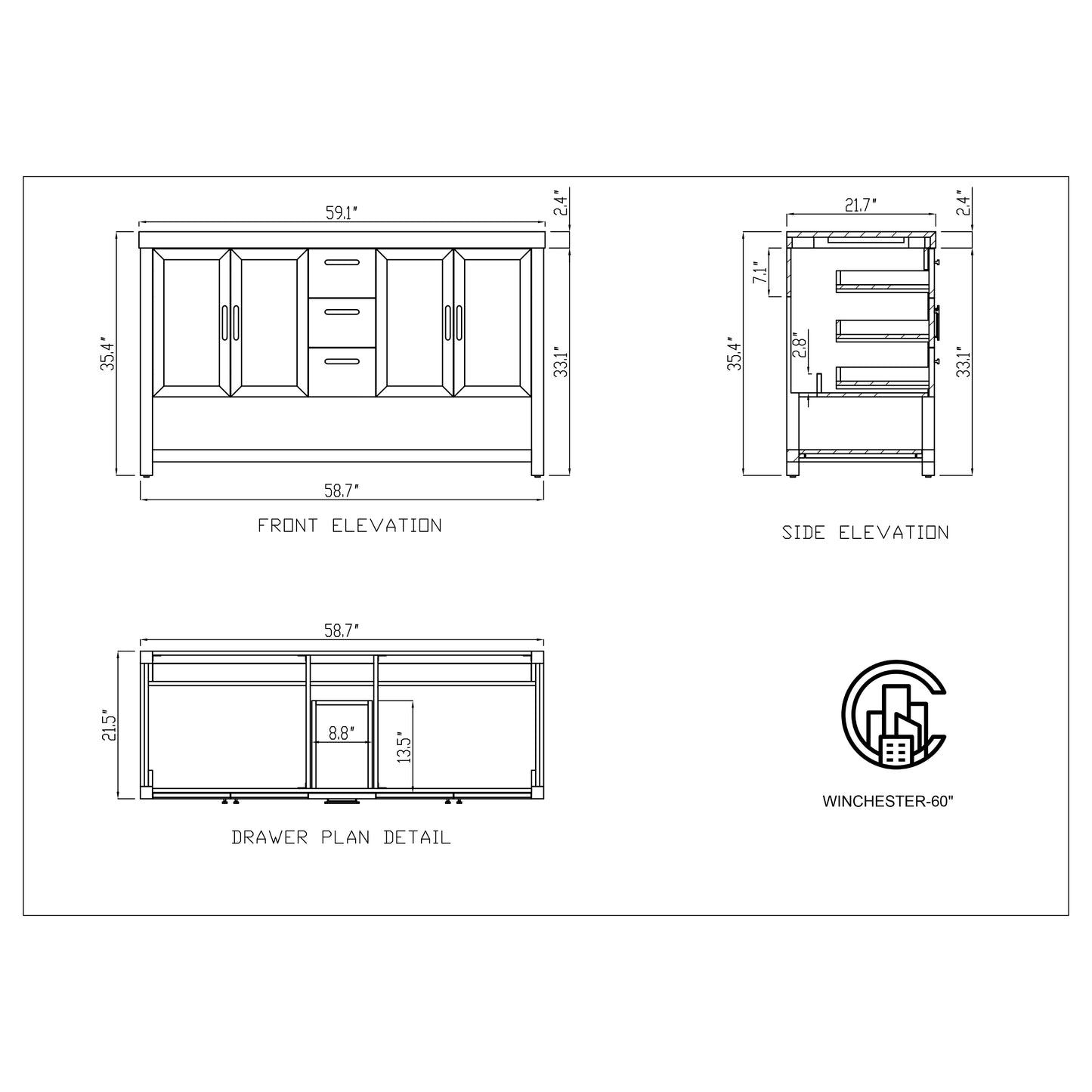 Winchester 60" Freestanding Bathroom Vanity with Quartz Top and Ceramic Undermount Sinks