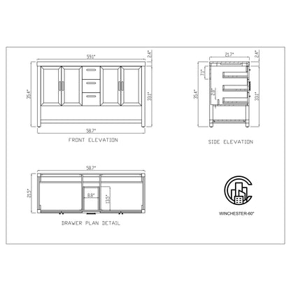 Winchester 60" Freestanding Bathroom Vanity with Quartz Top and Ceramic Undermount Sinks