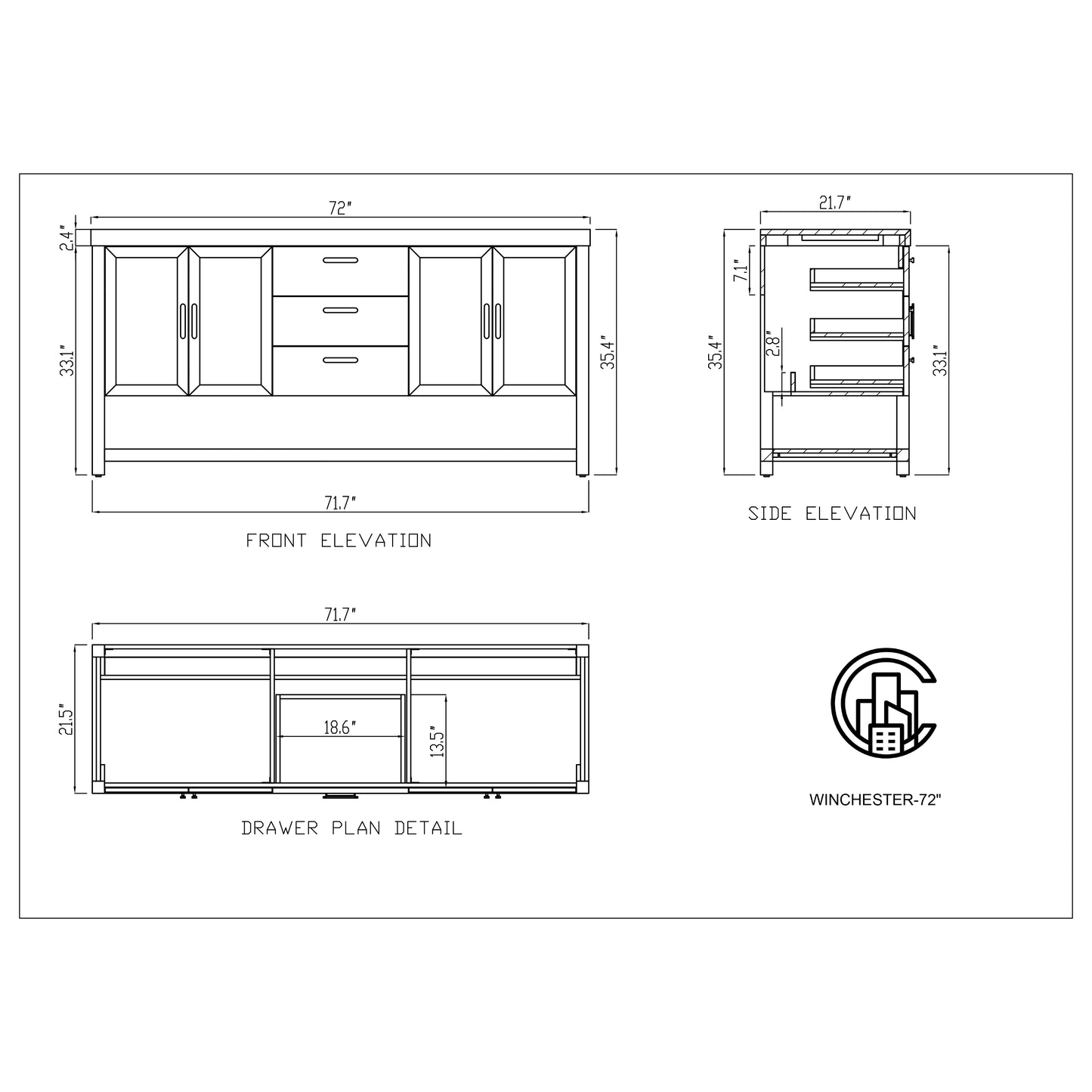 Winchester 72" Freestanding Bathroom Vanity with Quartz Top and Ceramic Undermount Sinks