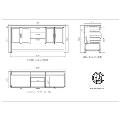 Winchester 72" Freestanding Bathroom Vanity with Quartz Top and Ceramic Undermount Sinks