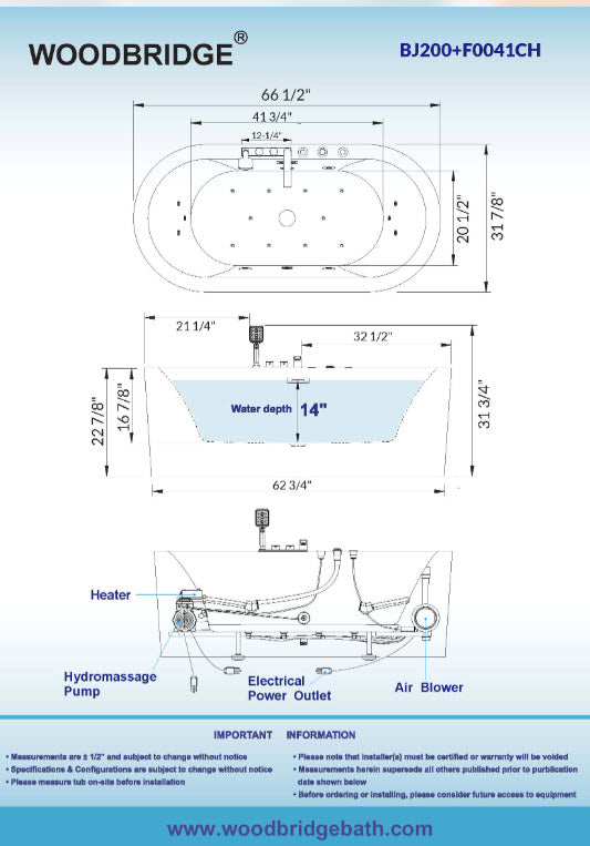 [CLEARANCE] WOODBRIDGE 66-1/2" x 31-7/8" Whirlpool Water Jetted and Air Bubble Freestanding Heated Soaking Combination Bathtub with Tub Filler, BJ200+F0041CH