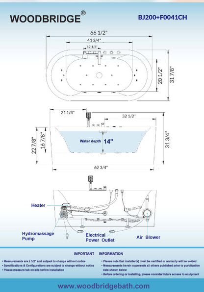 [CLEARANCE] WOODBRIDGE 66-1/2" x 31-7/8" Whirlpool Water Jetted and Air Bubble Freestanding Heated Soaking Combination Bathtub with Tub Filler, BJ200+F0041CH