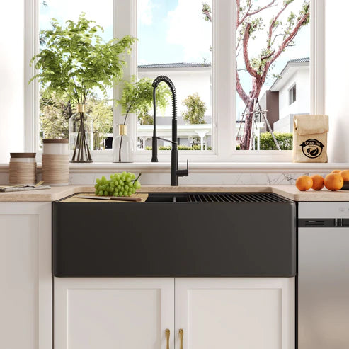 Becker 33" Fireclay Apron / Farmhouse Double Basin Kitchen Sink with Workstation