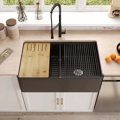 Becker 33" Fireclay Apron / Farmhouse Double Basin Kitchen Sink with Workstation