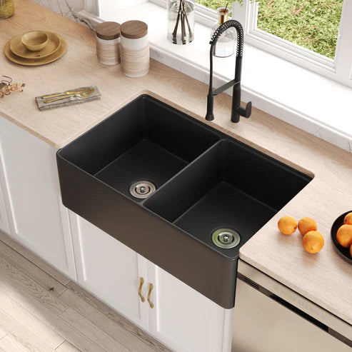 Becker 33" Fireclay Apron / Farmhouse Double Basin Kitchen Sink with Workstation