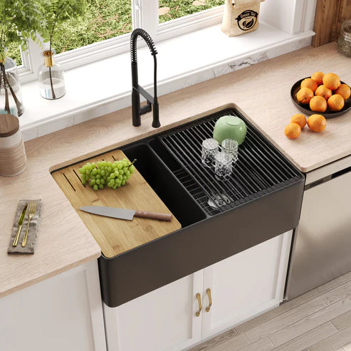 Becker 33" Fireclay Apron / Farmhouse Double Basin Kitchen Sink with Workstation