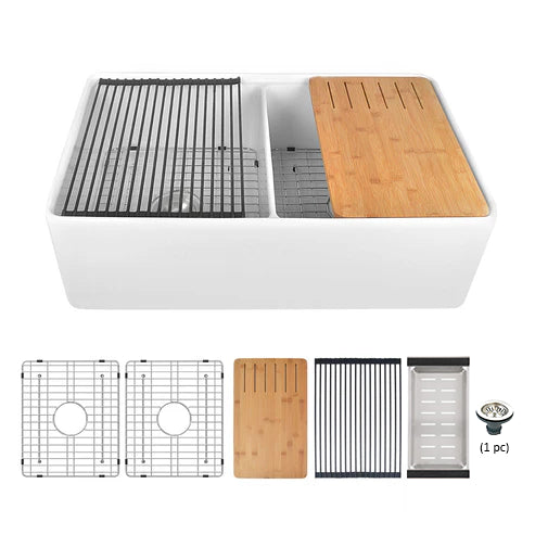 Becker 33" Fireclay Apron / Farmhouse Double Basin Kitchen Sink with Workstation