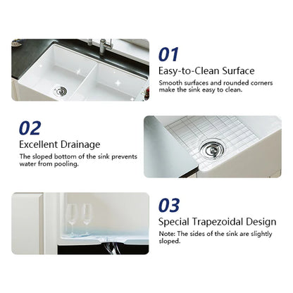 Becker 33" Fireclay Apron / Farmhouse Double Basin Kitchen Sink with Workstation