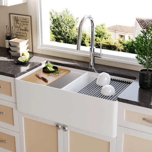 Becker 33" Fireclay Apron / Farmhouse Double Basin Kitchen Sink with Workstation