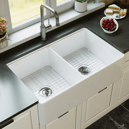 Becker 33" Fireclay Apron / Farmhouse Double Basin Kitchen Sink with Workstation