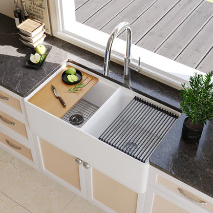 Becker 33" Fireclay Apron / Farmhouse Double Basin Kitchen Sink with Workstation