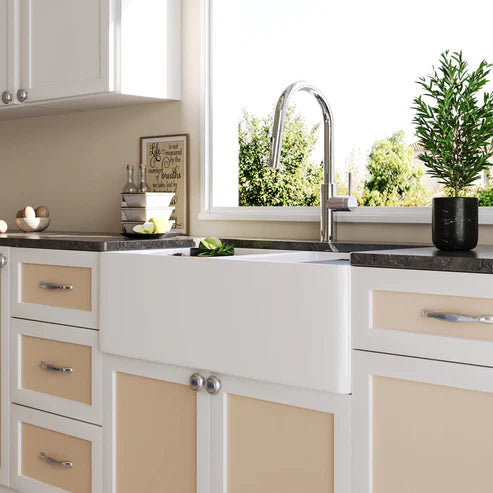Becker 33" Fireclay Apron / Farmhouse Double Basin Kitchen Sink with Workstation
