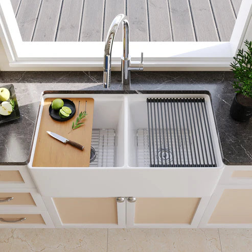 Becker 33" Fireclay Apron / Farmhouse Double Basin Kitchen Sink with Workstation