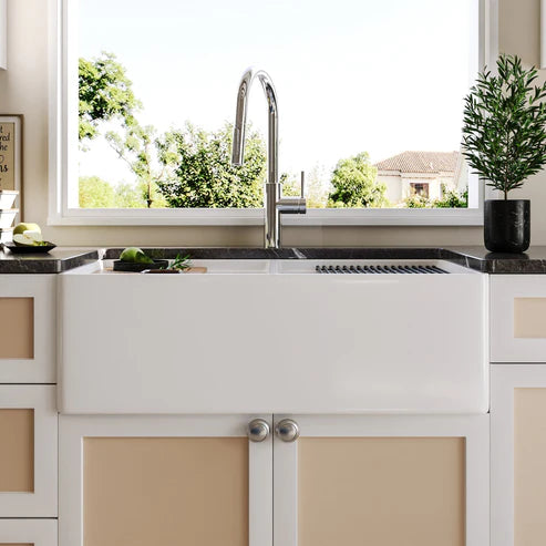 Becker 33" Fireclay Apron / Farmhouse Double Basin Kitchen Sink with Workstation