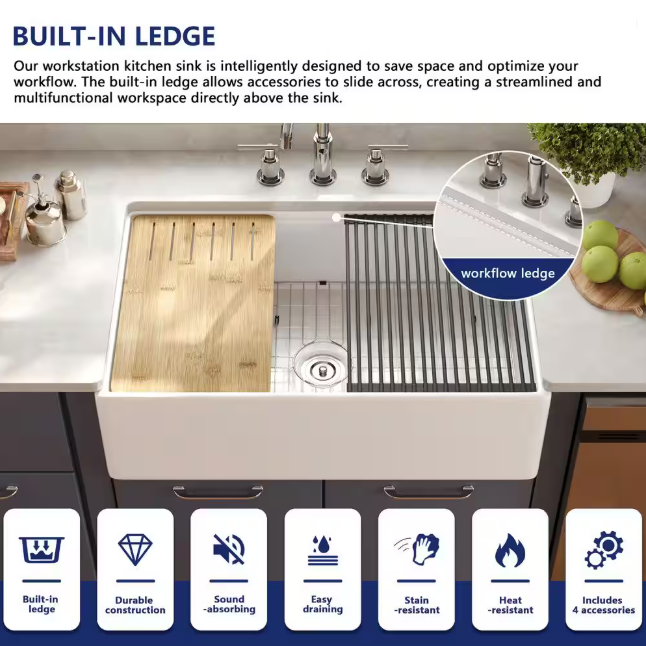 Becker 33" Fireclay Apron / Farmhouse Kitchen Sink with Workstation