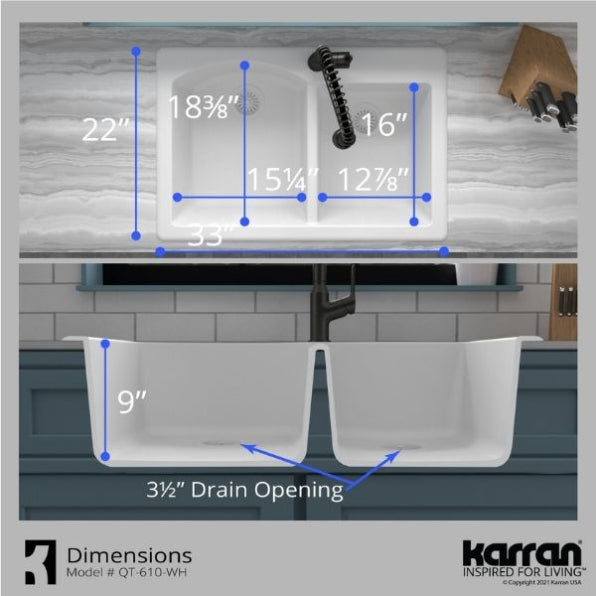 Stonera 32" Quartz Composite Top Mount Double Basin Kitchen Sink