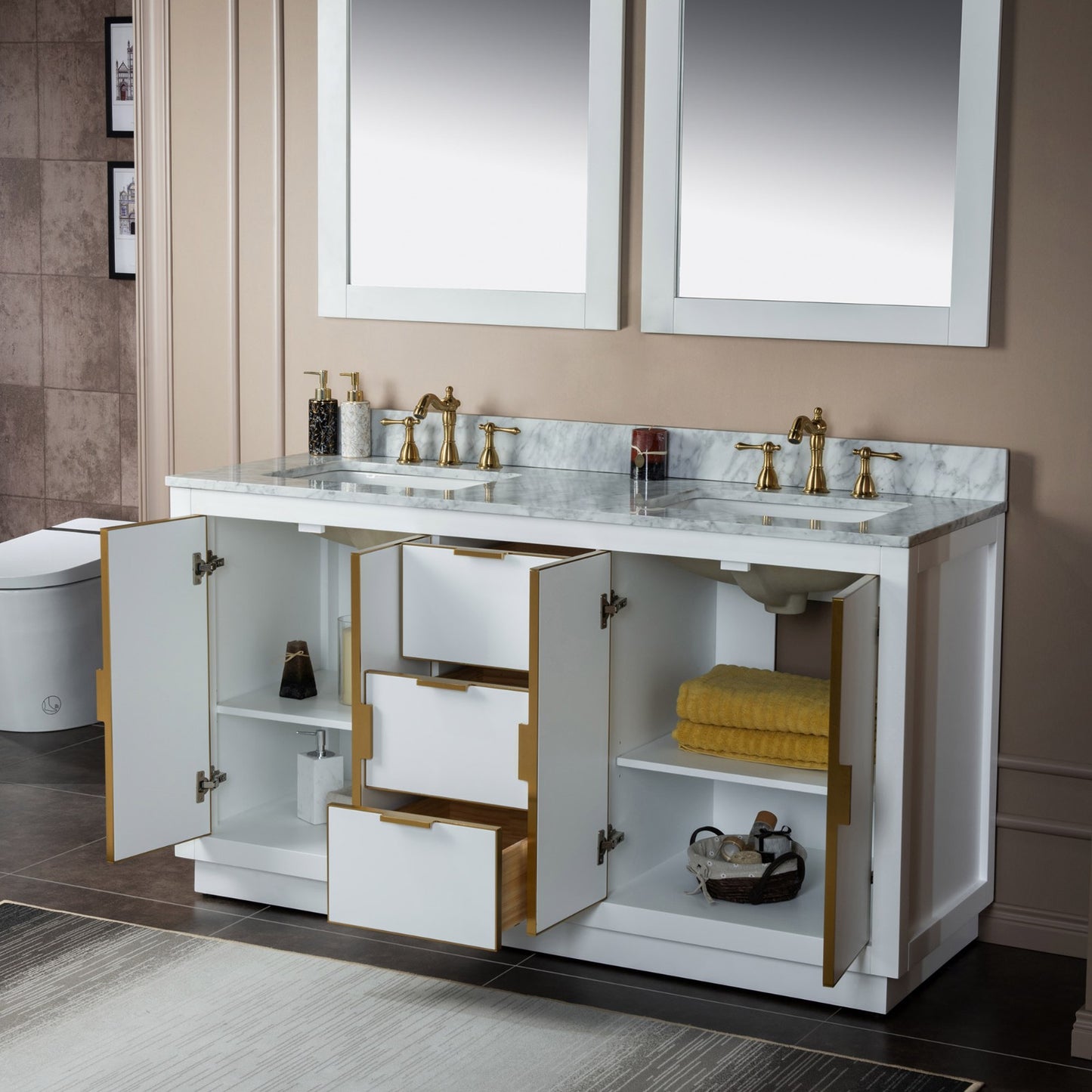 Venice 60" Freestanding Bathroom Vanity with Natural Carrara Marble Top