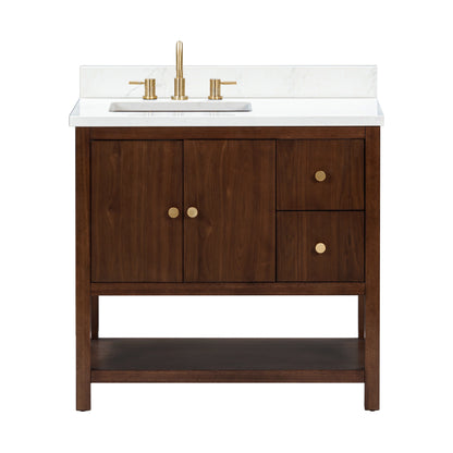 Zoe 36" Freestanding Bathroom Vanity with Pure White Quartz Top and Vitreous China Undermount Sink