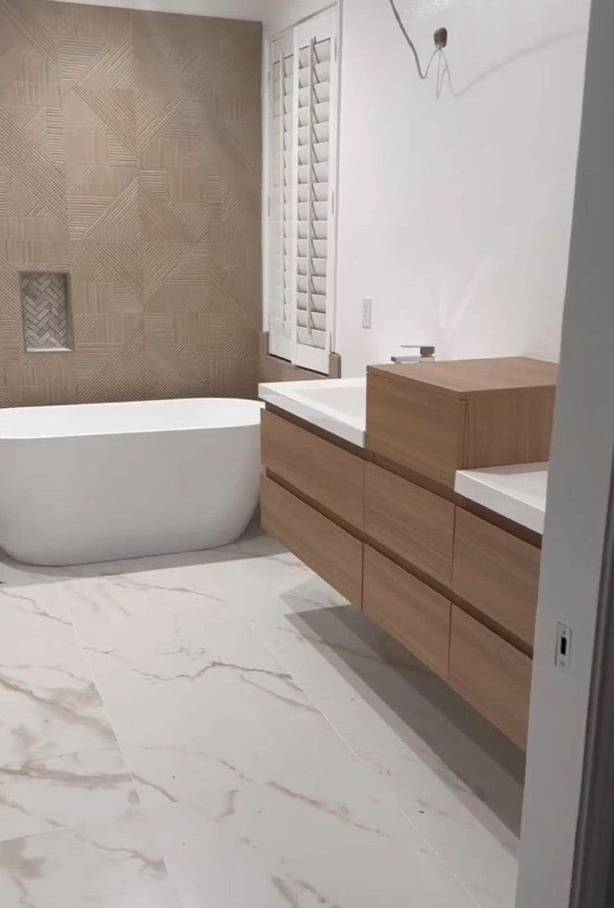 Bow 68" Wall Mounted Bathroom Vanity with Reinforced Acrylic Integrated Sink Top and Center Linen Cabinet
