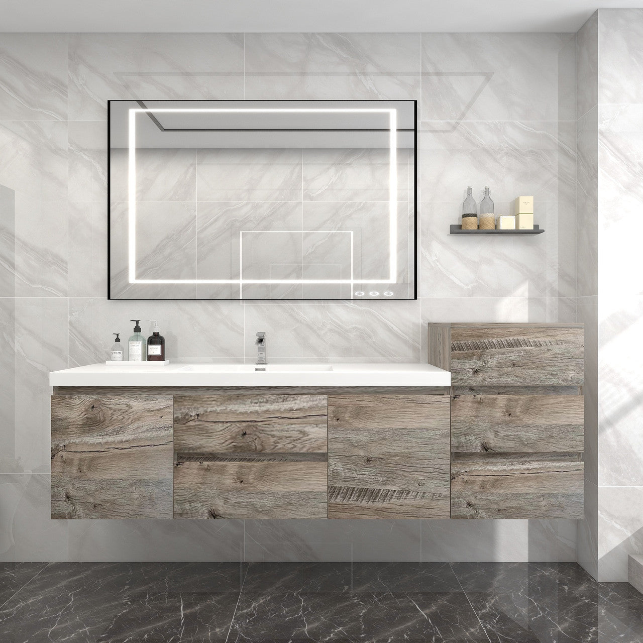 Bow 80" Wall Mounted Bathroom Vanity with Acylic Integrated Sink Top and Side Linen Cabinet