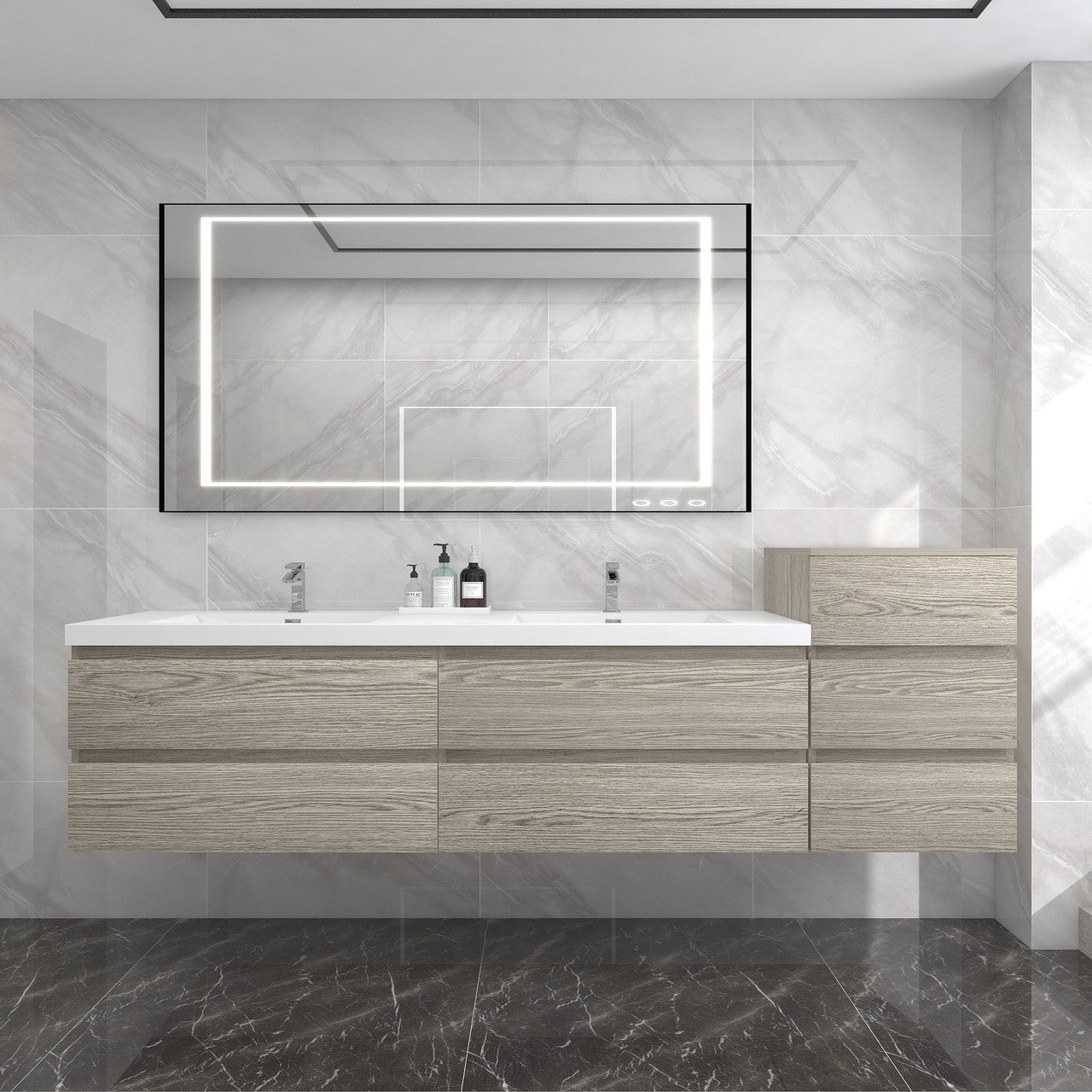 Bow 104" Wall Mounted Bathroom Vanity with Reinforced Acrylic Integrated Sink Top and Side Linen Cabinet