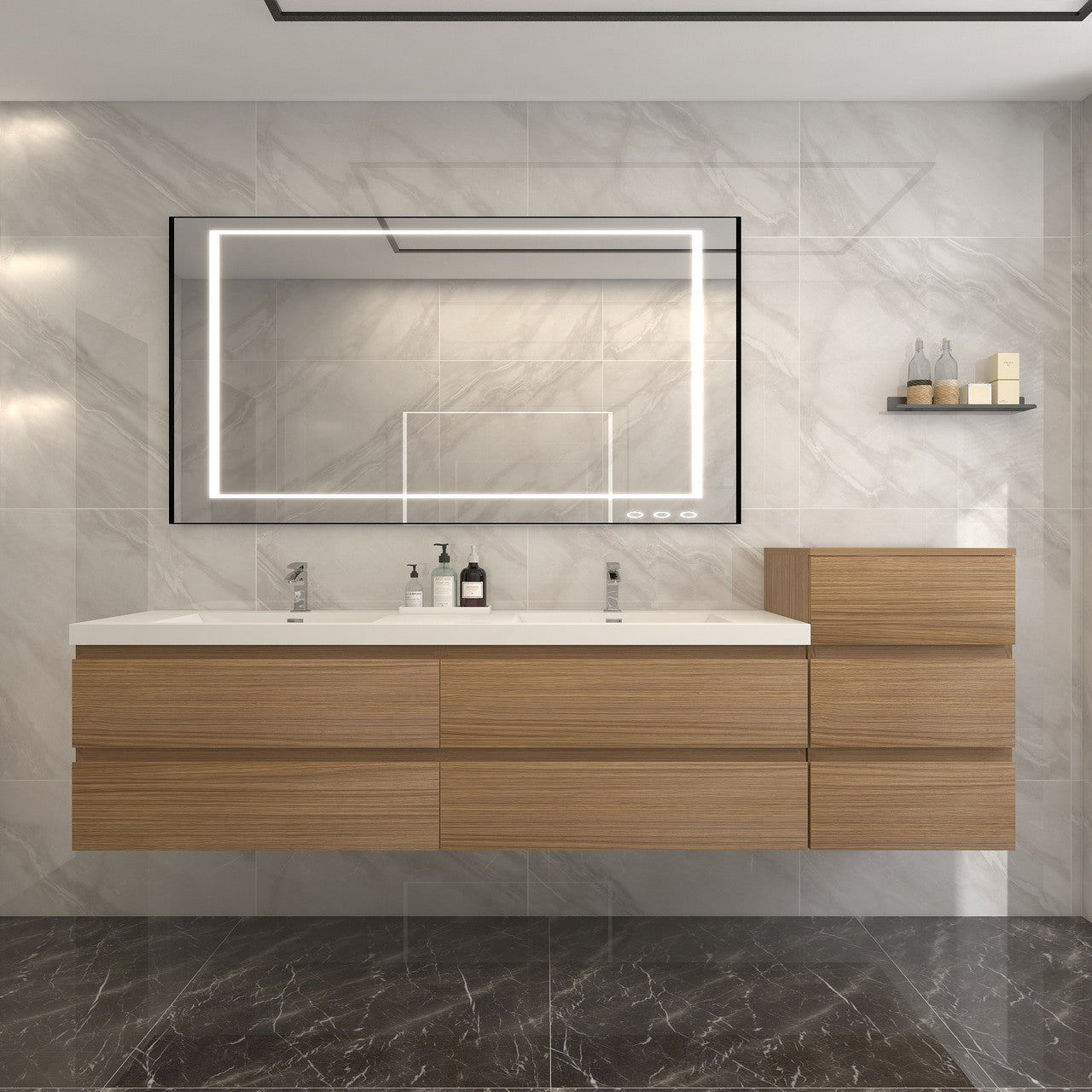 Bow 104" Wall Mounted Bathroom Vanity with Reinforced Acrylic Integrated Sink Top and Side Linen Cabinet