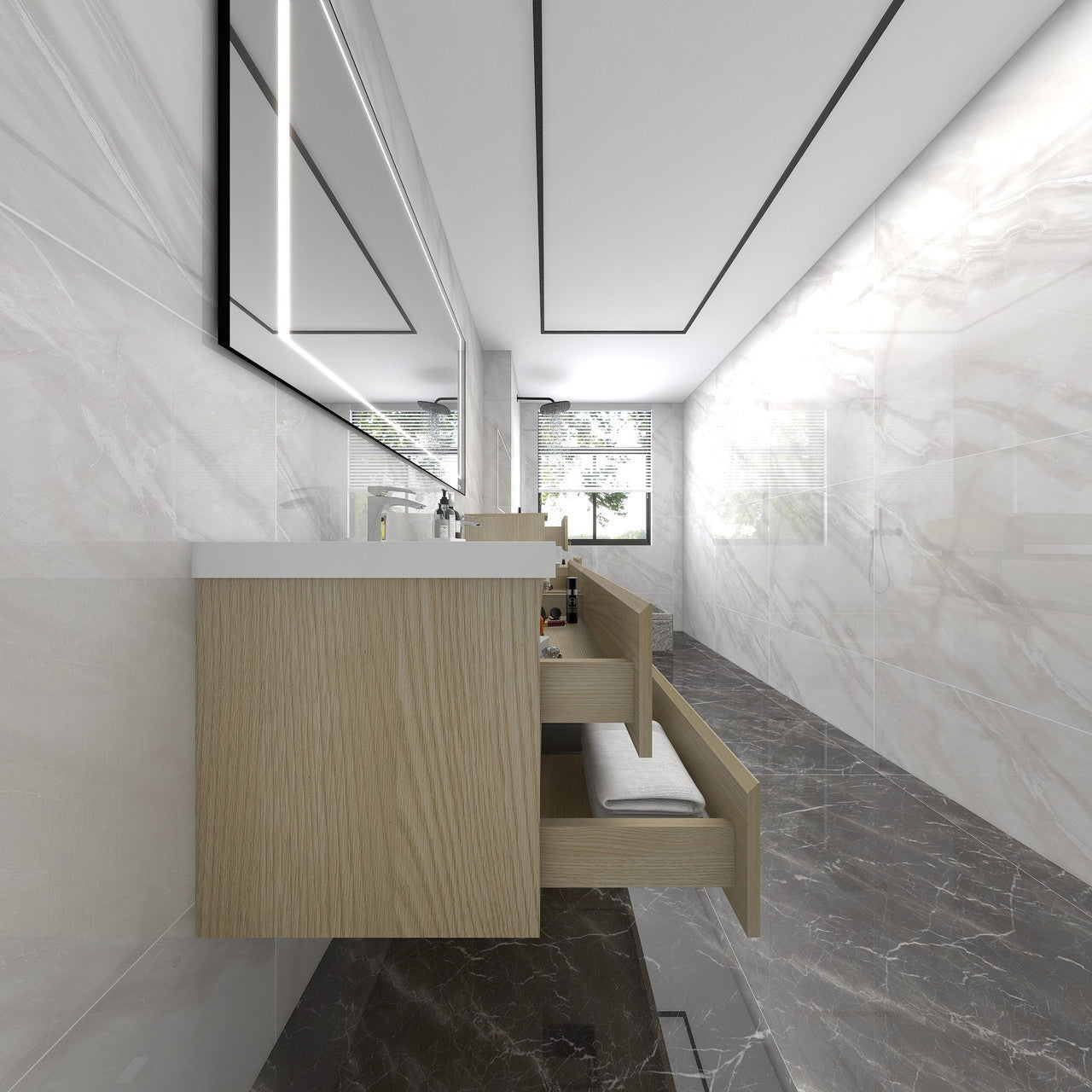 Bow 104" Wall Mounted Bathroom Vanity with Reinforced Acrylic Integrated Sink Top and Side Linen Cabinet