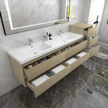 Bow 104" Wall Mounted Bathroom Vanity with Reinforced Acrylic Integrated Sink Top and Side Linen Cabinet