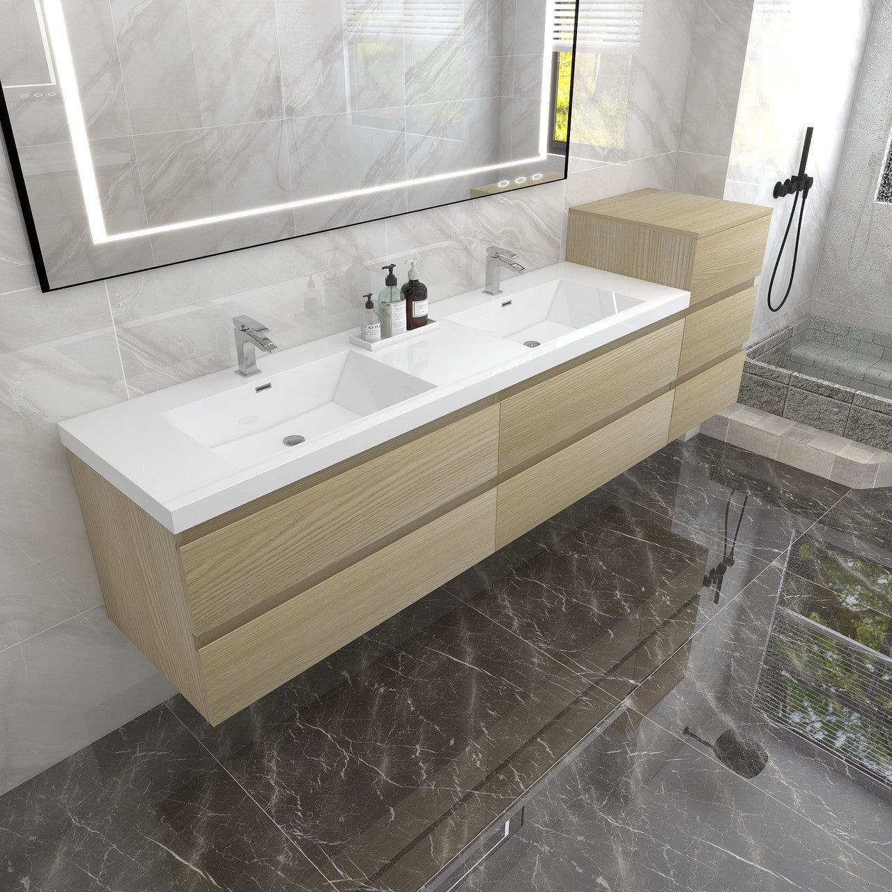 Bow 104" Wall Mounted Bathroom Vanity with Reinforced Acrylic Integrated Sink Top and Side Linen Cabinet