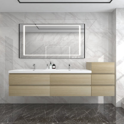 Bow 104" Wall Mounted Bathroom Vanity with Reinforced Acrylic Integrated Sink Top and Side Linen Cabinet